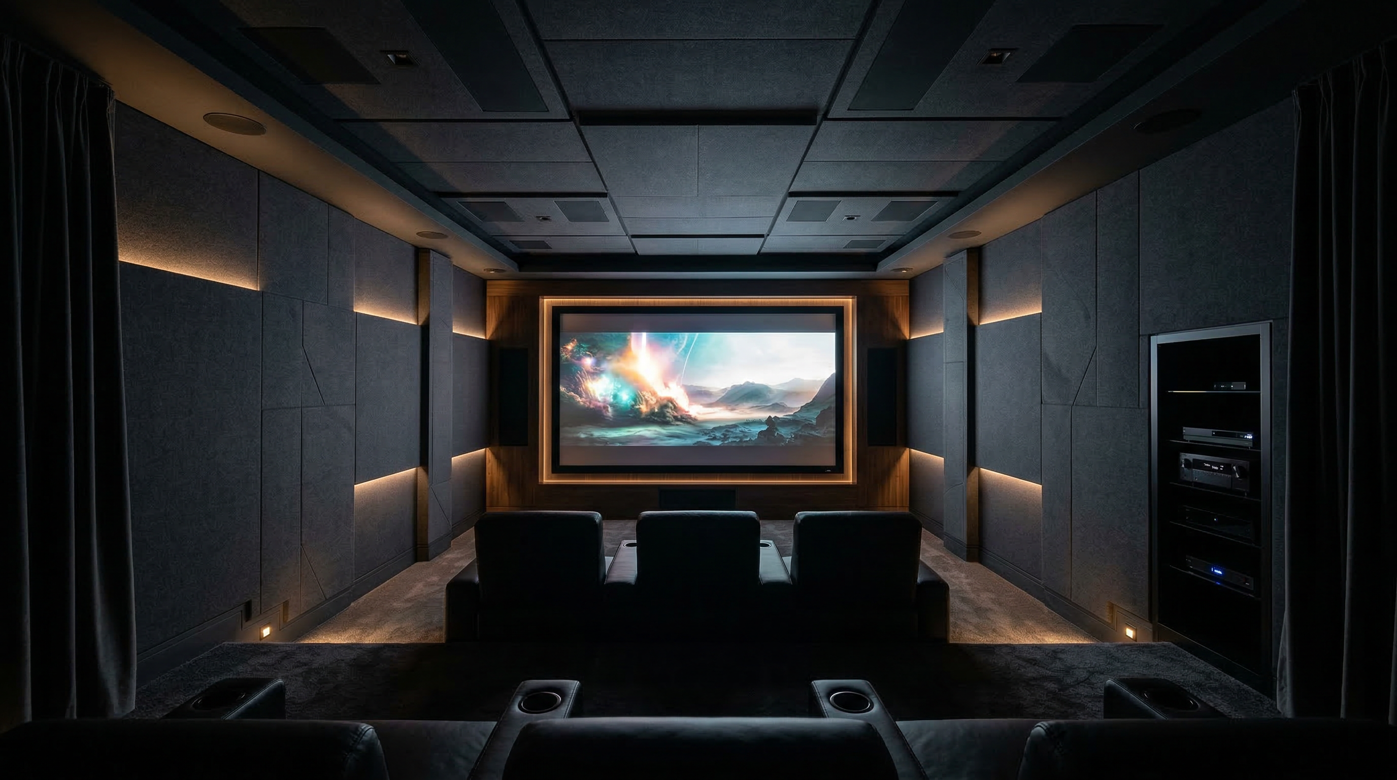 Dedicated home theater with 4K projection screen and premium acoustic panels