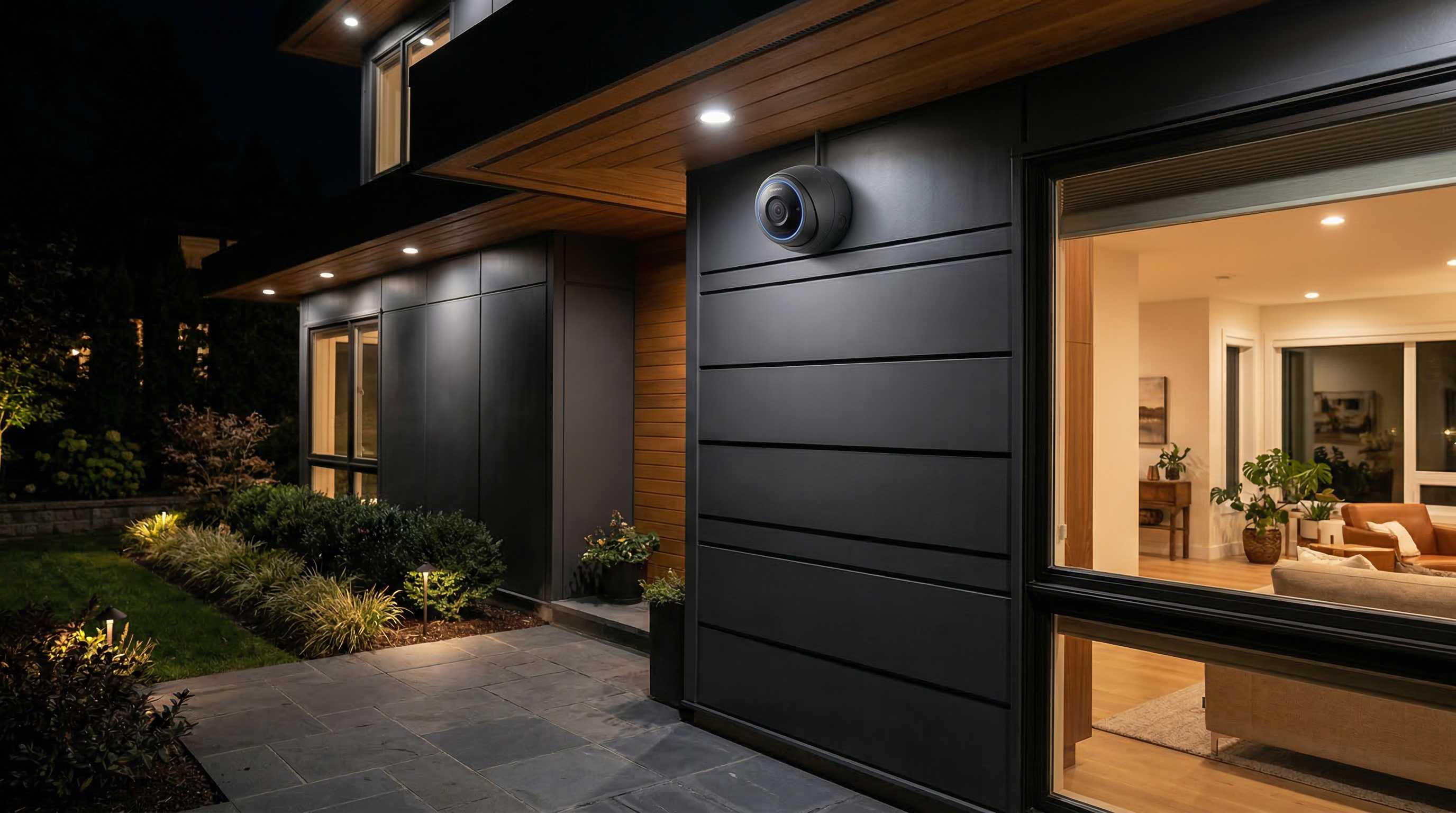 Professional security camera installed on luxury home exterior at night