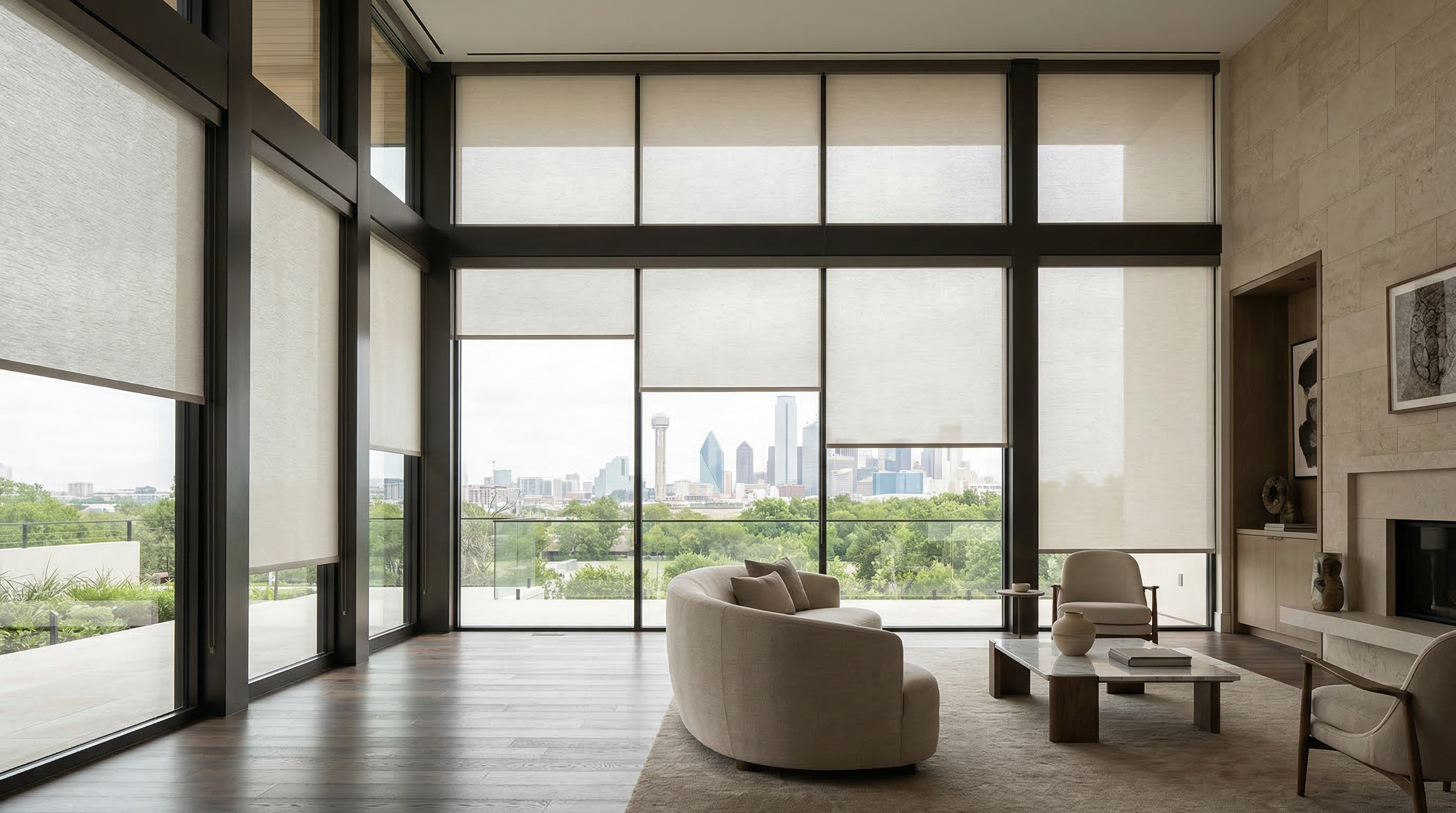 Motorized Lutron shades in a luxury Dallas home with Dallas skyline view